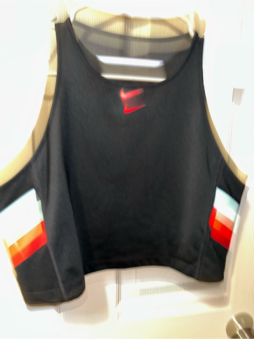 Nike Black Dri Fit Crop Tank Sports bra Red Swoosh and Multicolor Side Stripes
